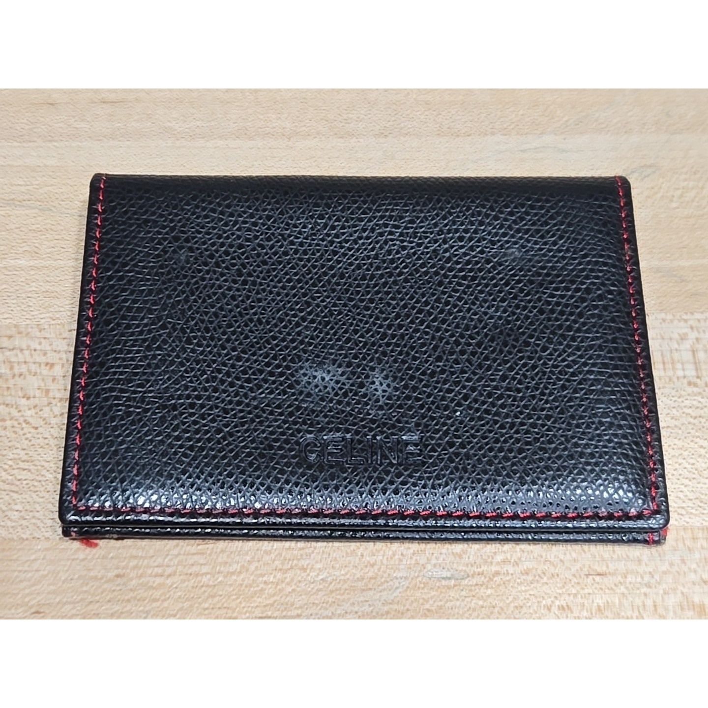 Vintage Celine Paris Bifold Pebbled Leather Card Wallet Black Id Slim Black/Red